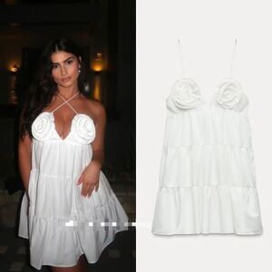 NWT ZARA POPLIN DRESS WITH TEXTURED FLOWERS WHITE